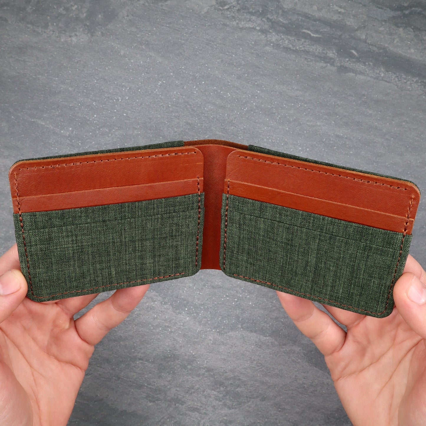 Green & Brown Leather and Canvas Men's Bifold Wallet