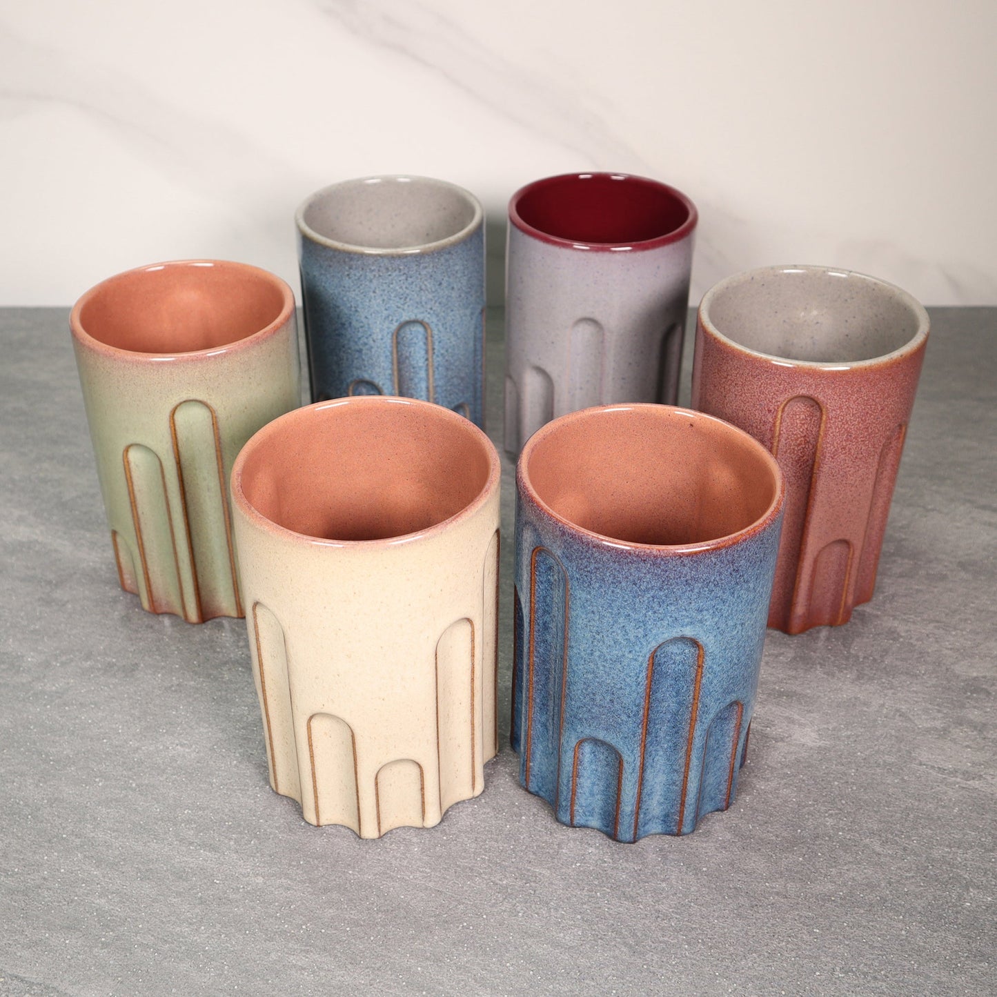 Blue Exterior / Red Interior 16 oz Round Indented Stoneware Cup