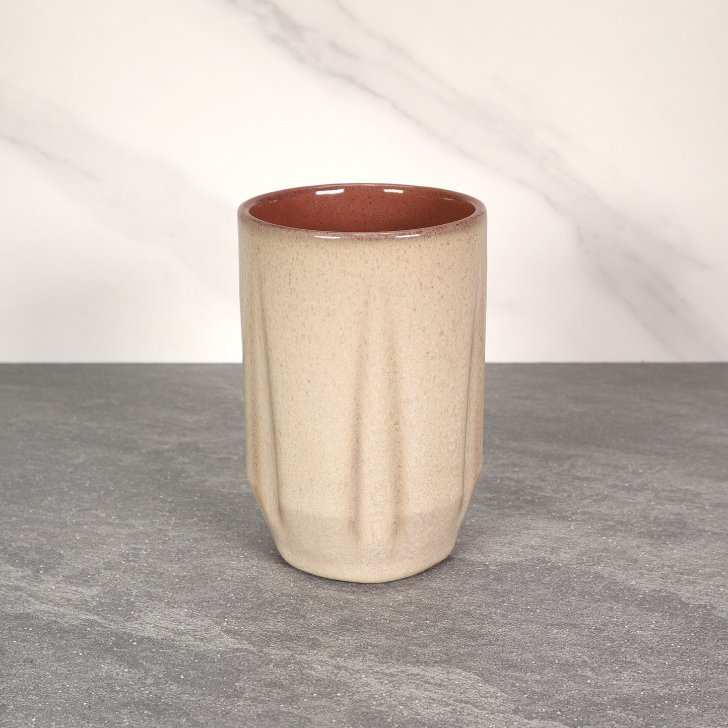 Beige Exterior / Red Interior Round Notched 16 oz Stoneware Cup