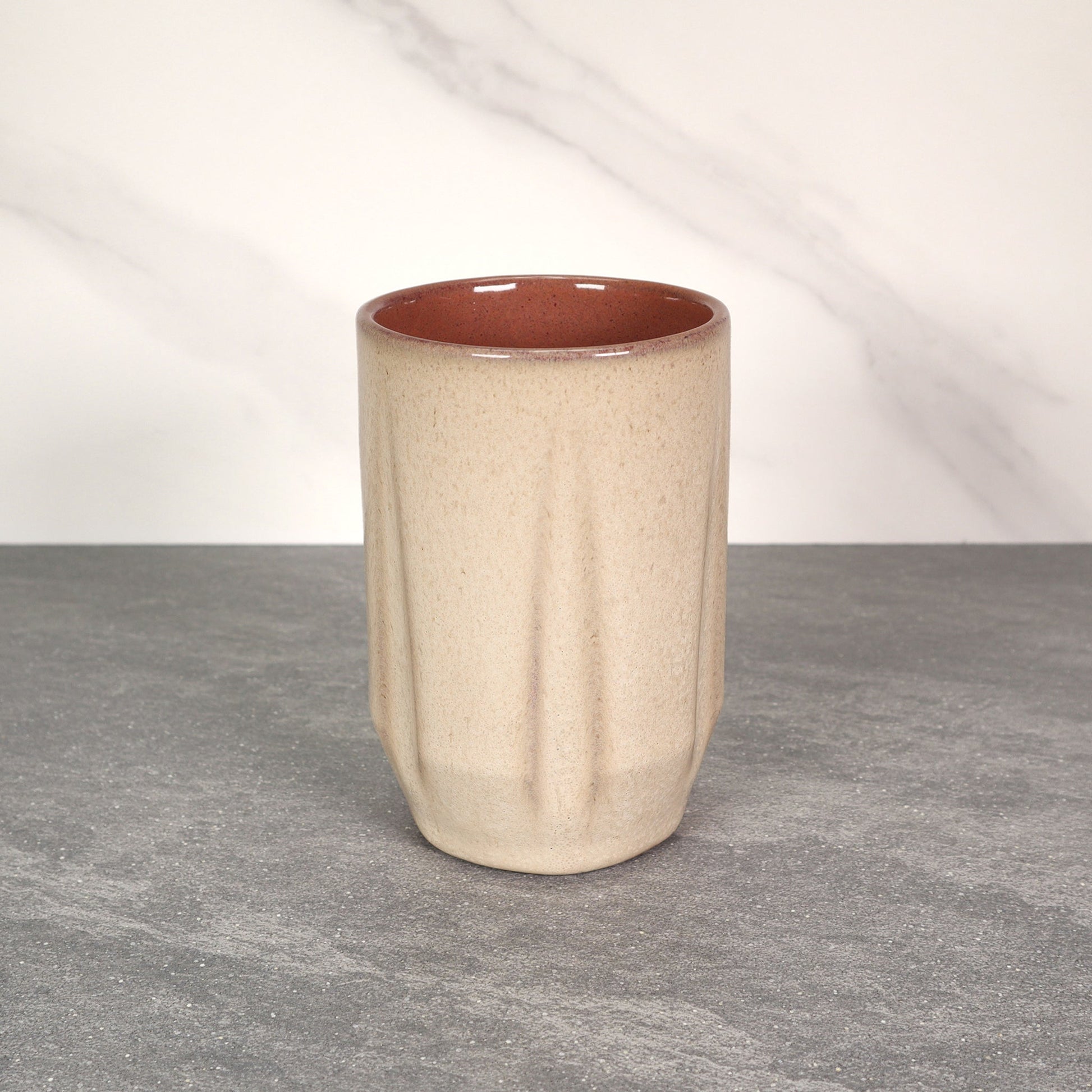 Beige Exterior / Red Interior Round Notched 16 oz Stoneware Cup