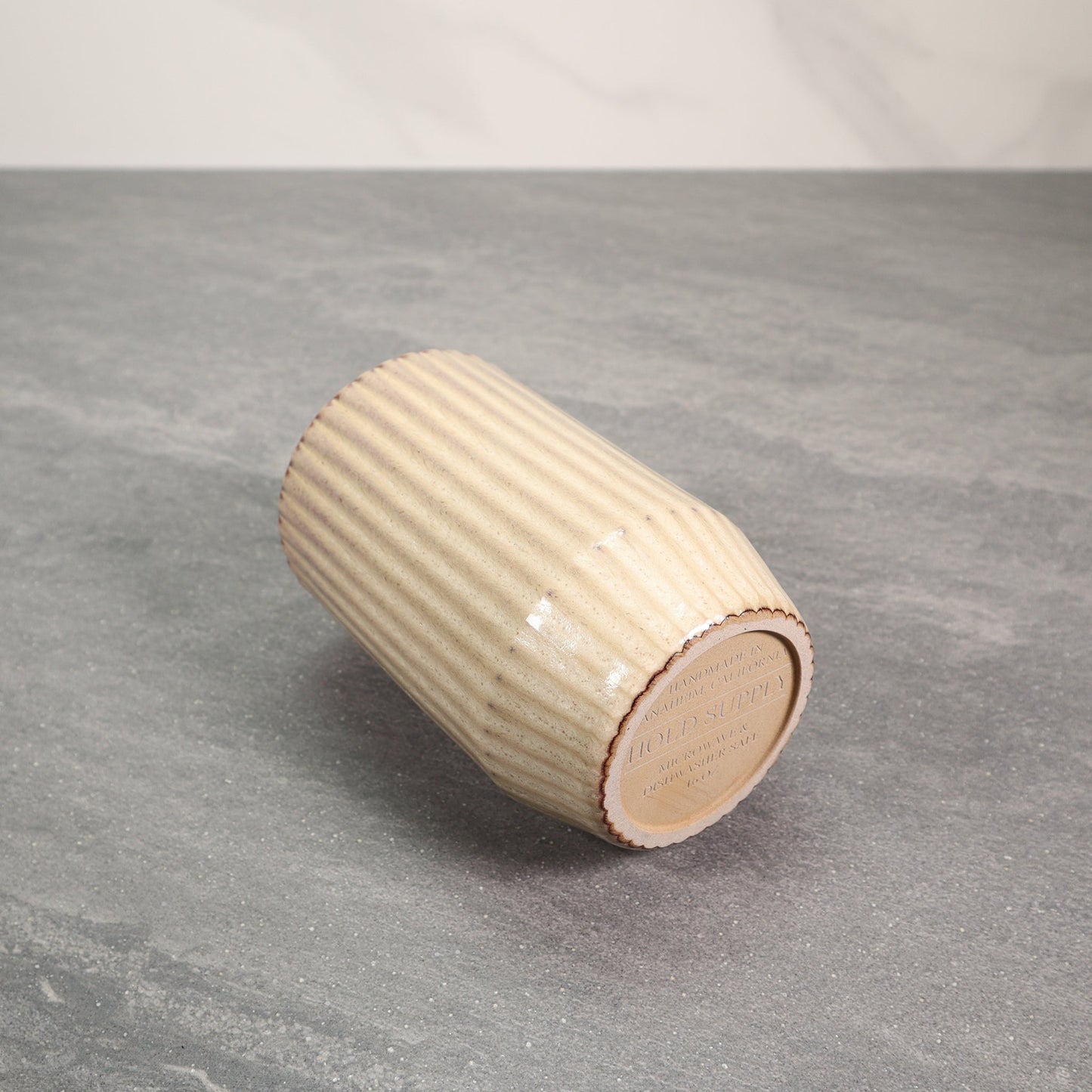 Beige and Red Round Ribbed Stoneware Ceramic Mug