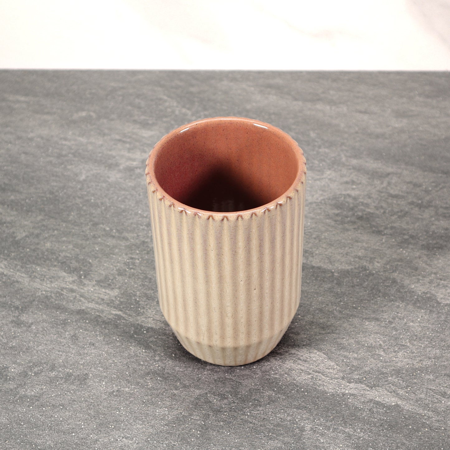 Beige and Red Round Ribbed Stoneware Ceramic Mug
