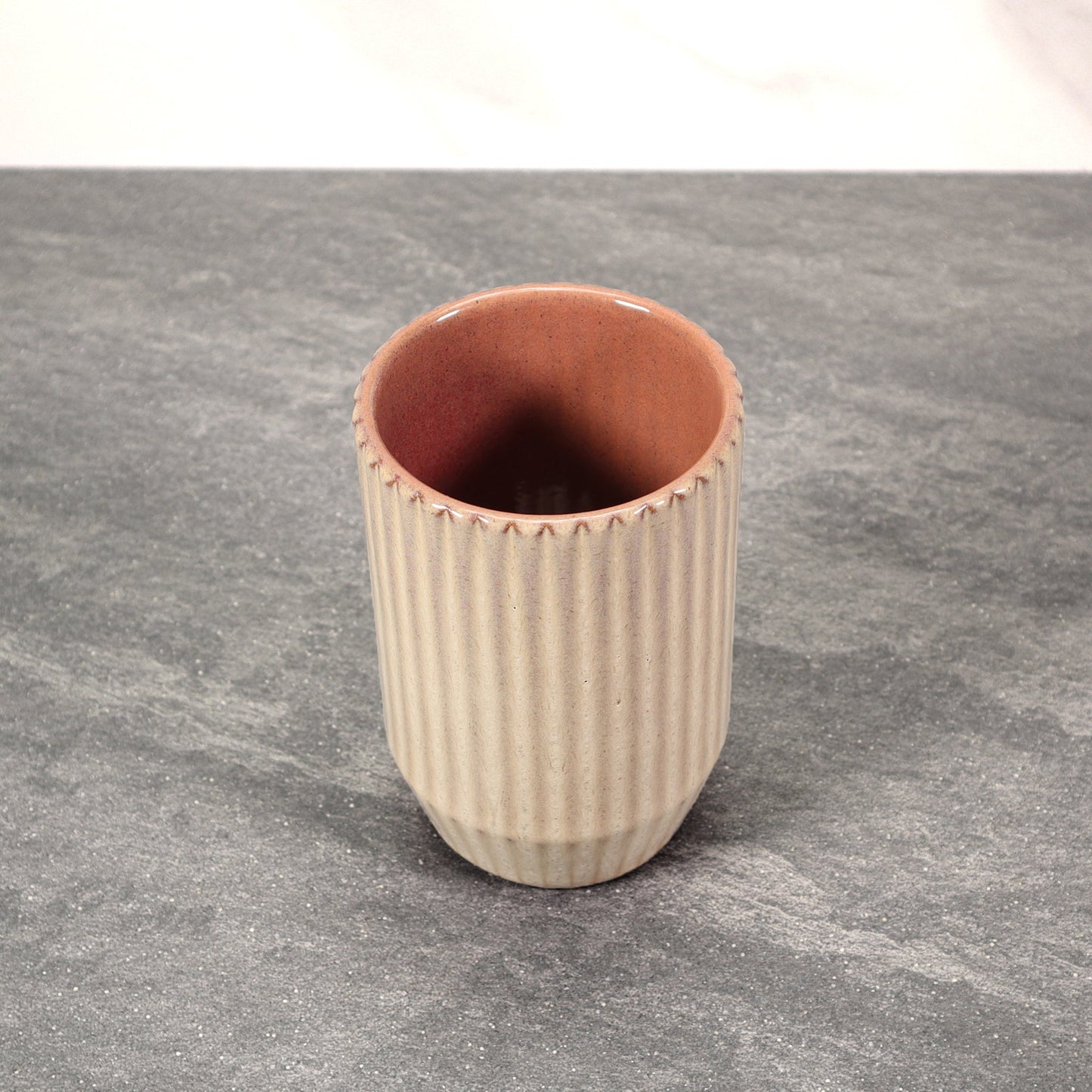 Beige and Red Round Ribbed Stoneware Ceramic Mug