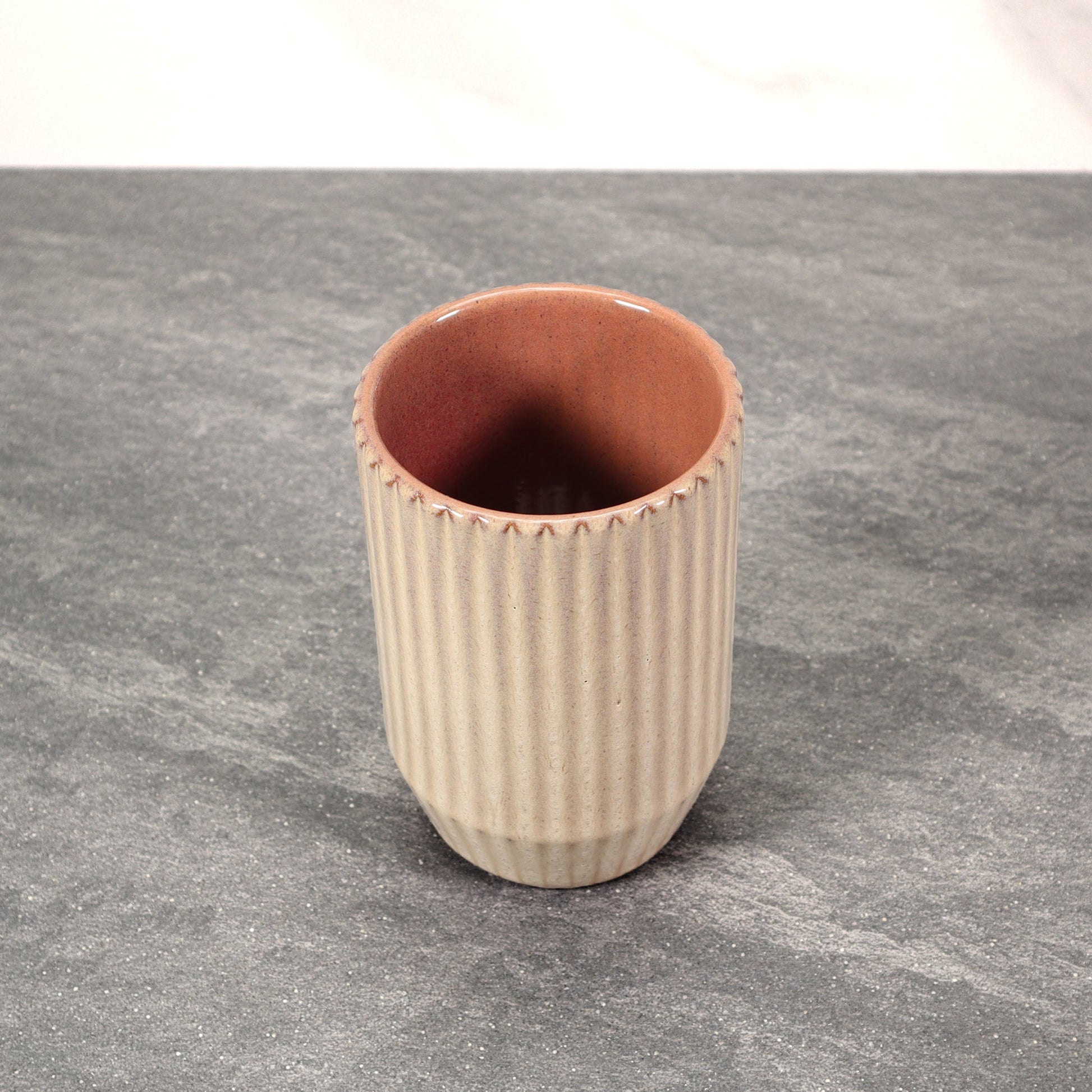Beige and Red Round Ribbed Stoneware Ceramic Mug