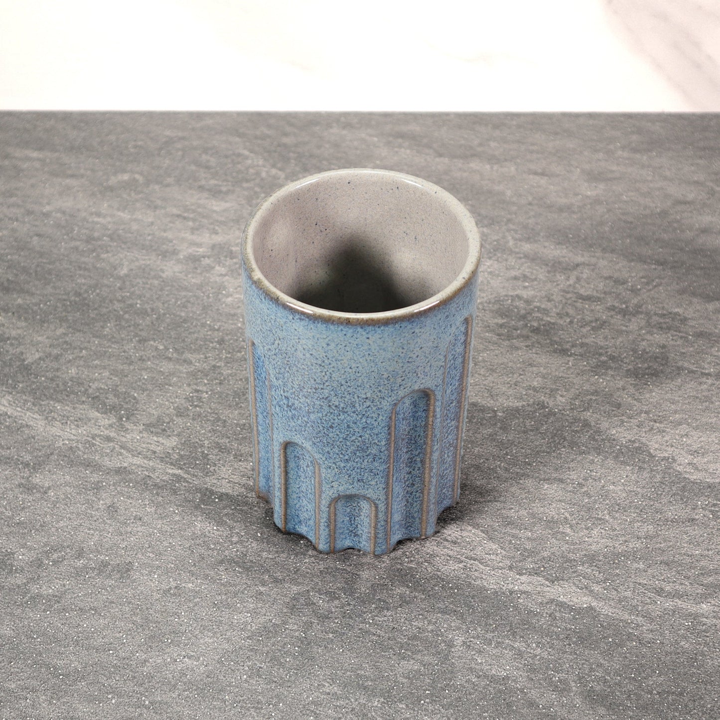 Blue Exterior / Gray Interior 16 oz Round Indented Stoneware Cup