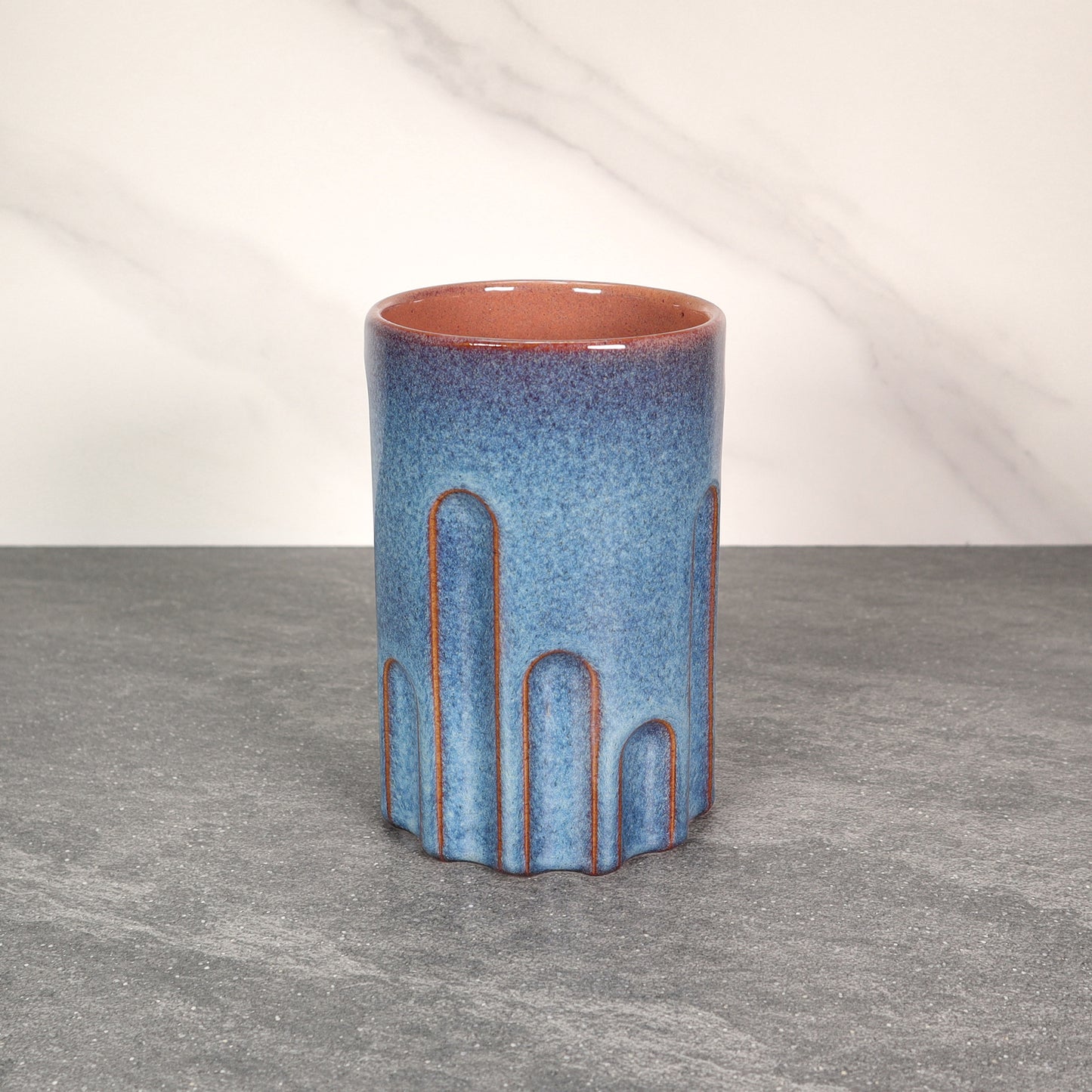 Blue Exterior / Red Interior 16 oz Round Indented Stoneware Cup