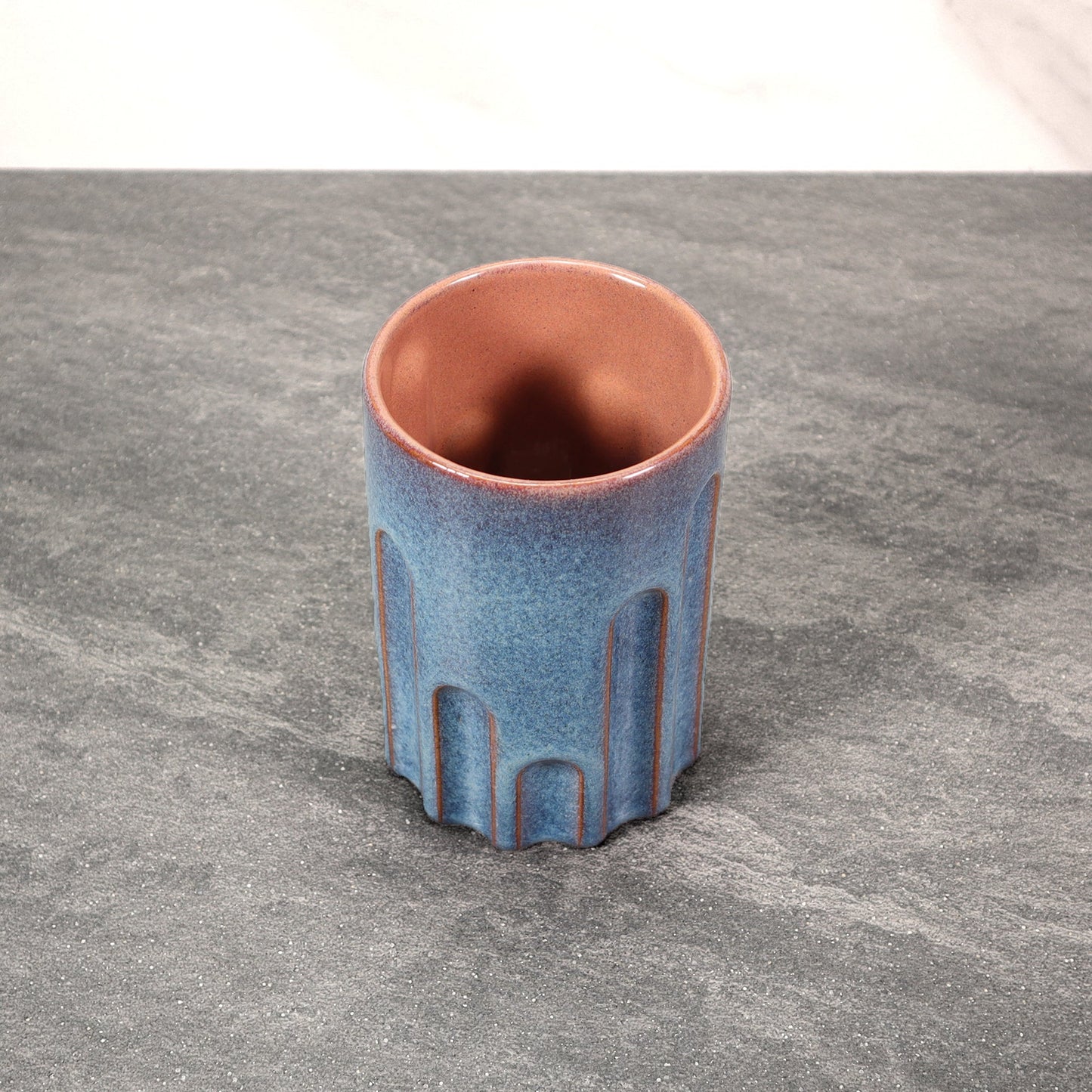 Blue Exterior / Red Interior 16 oz Round Indented Stoneware Cup