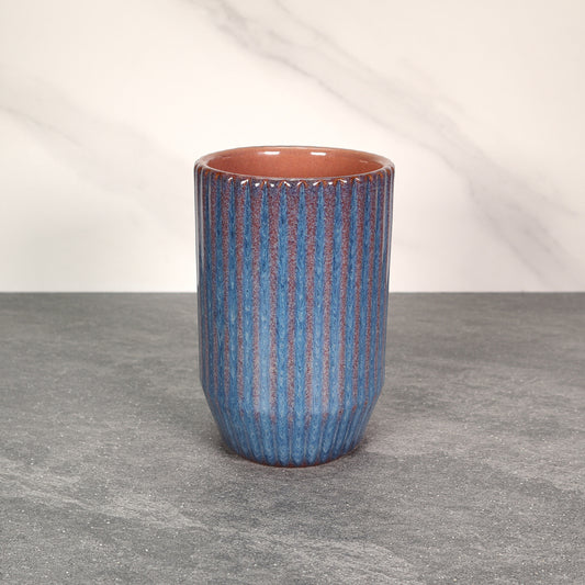 Blue and Red Round Ribbed Stoneware Ceramic Mug