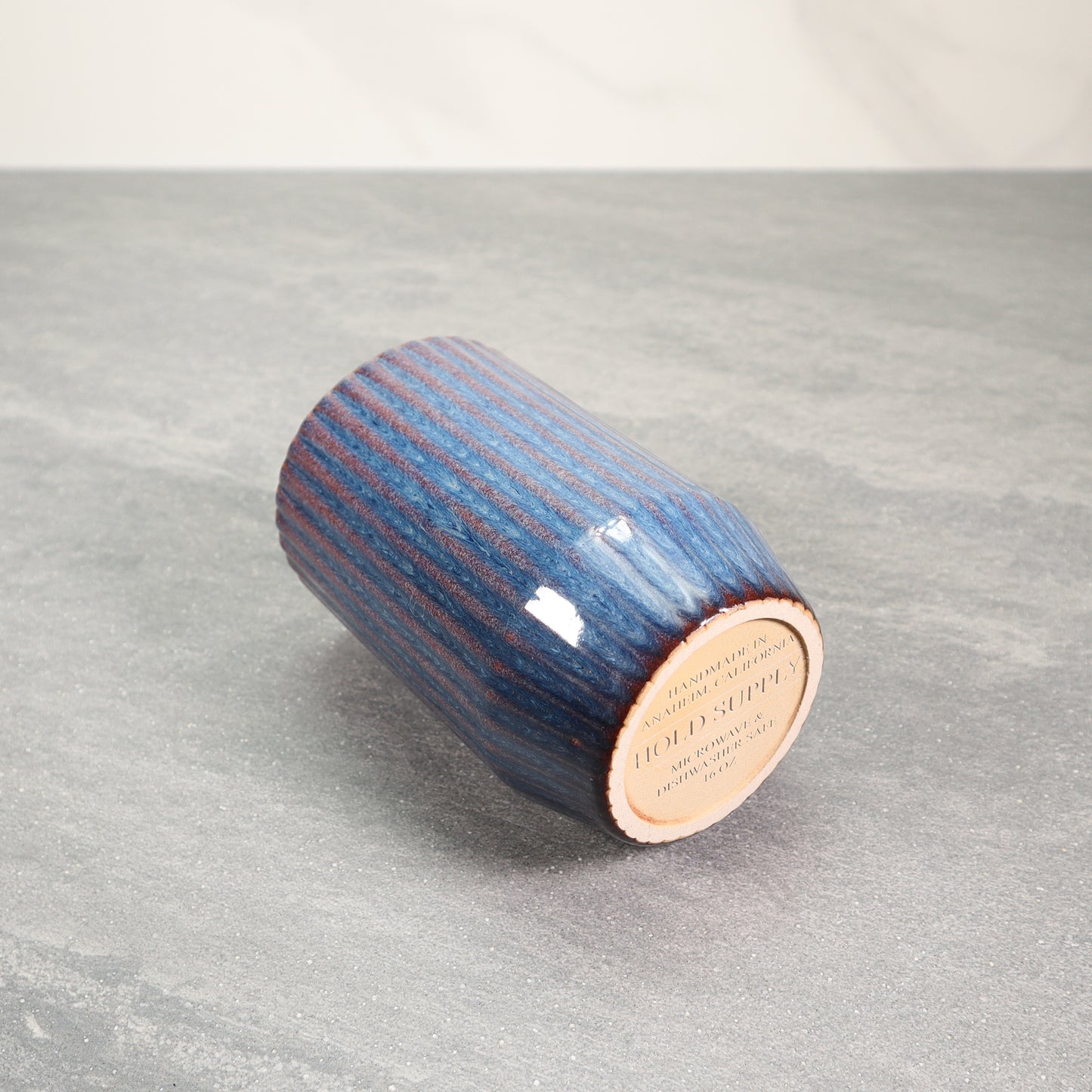 Blue and Red Round Ribbed Stoneware Ceramic Mug