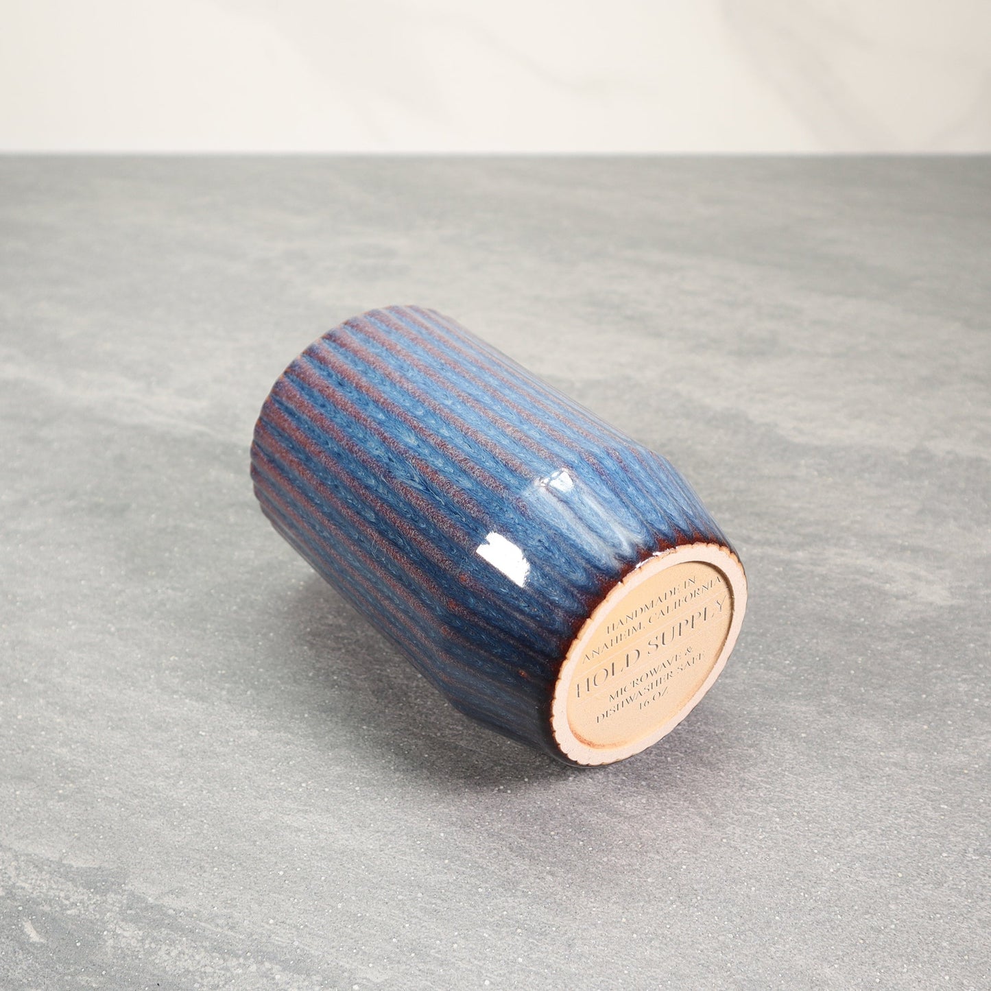 Blue and Red Round Ribbed Stoneware Ceramic Mug