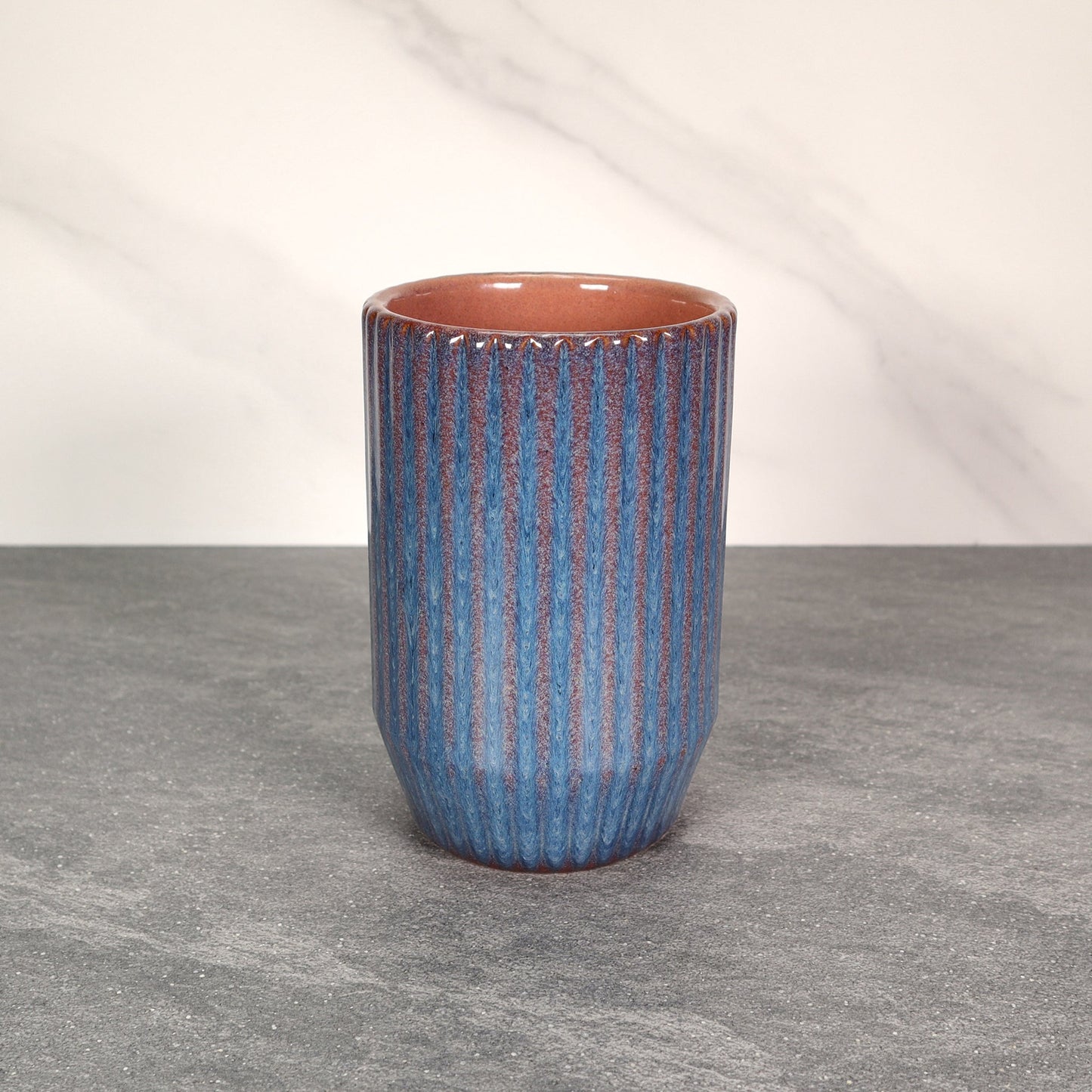 Blue and Red Round Ribbed Stoneware Ceramic Mug