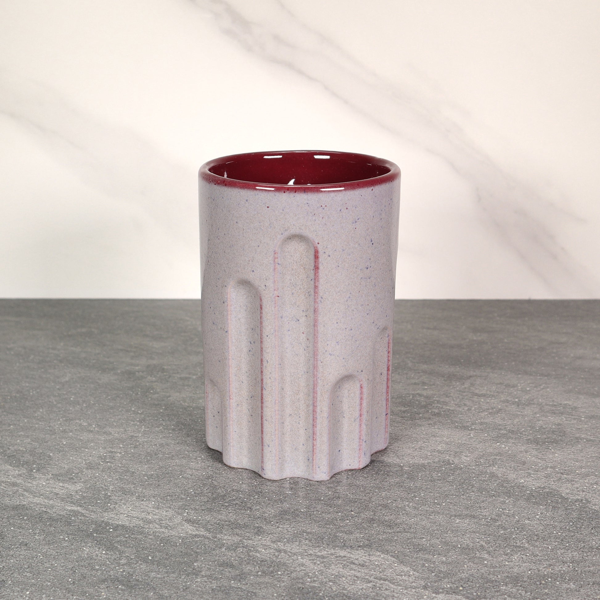 Gray Exterior / Red Interior 16 oz Round Indented Stoneware Cup