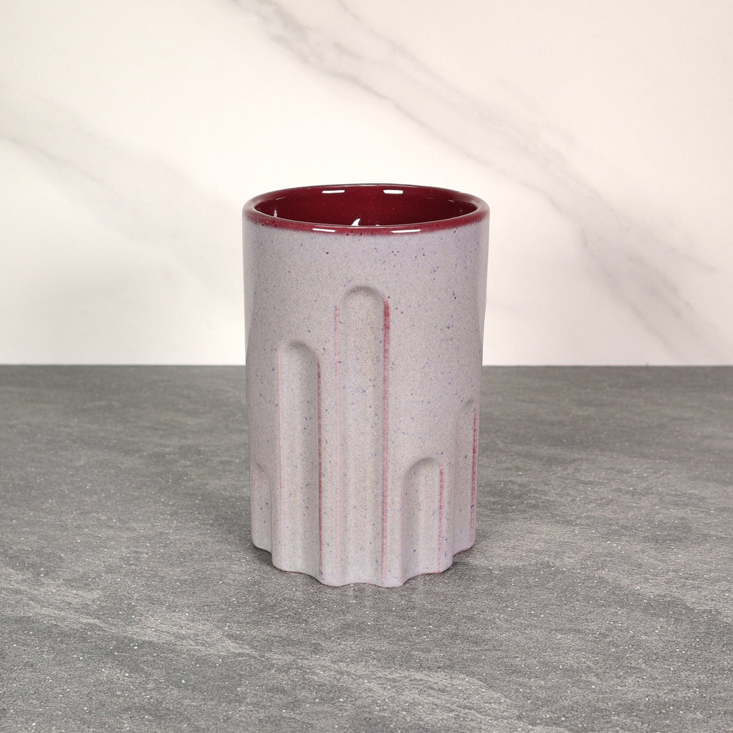 Gray Exterior / Red Interior 16 oz Round Indented Stoneware Cup