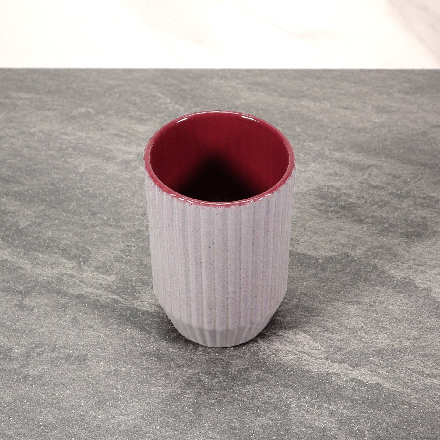 Gray and Red Round Ribbed Stoneware Ceramic Mug