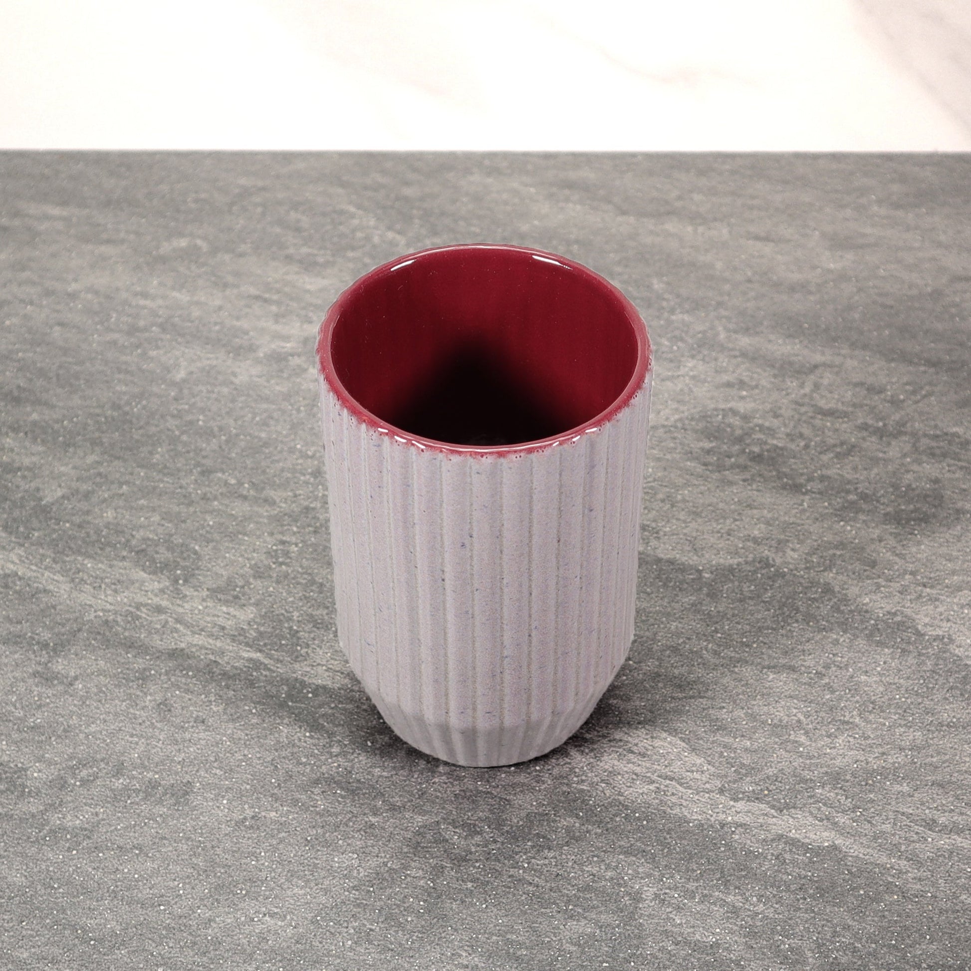 Gray and Red Round Ribbed Stoneware Ceramic Mug