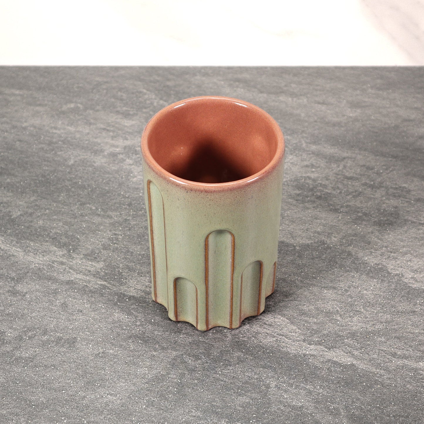 Green Exterior / Red Interior 16 oz Round Indented Stoneware Cup