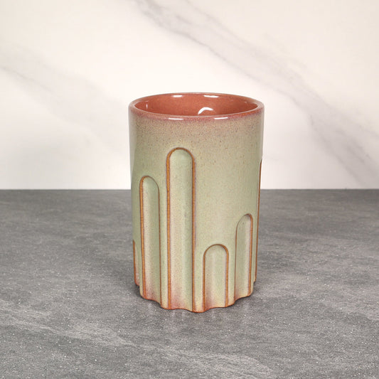 Green Exterior / Red Interior 16 oz Round Indented Stoneware Cup