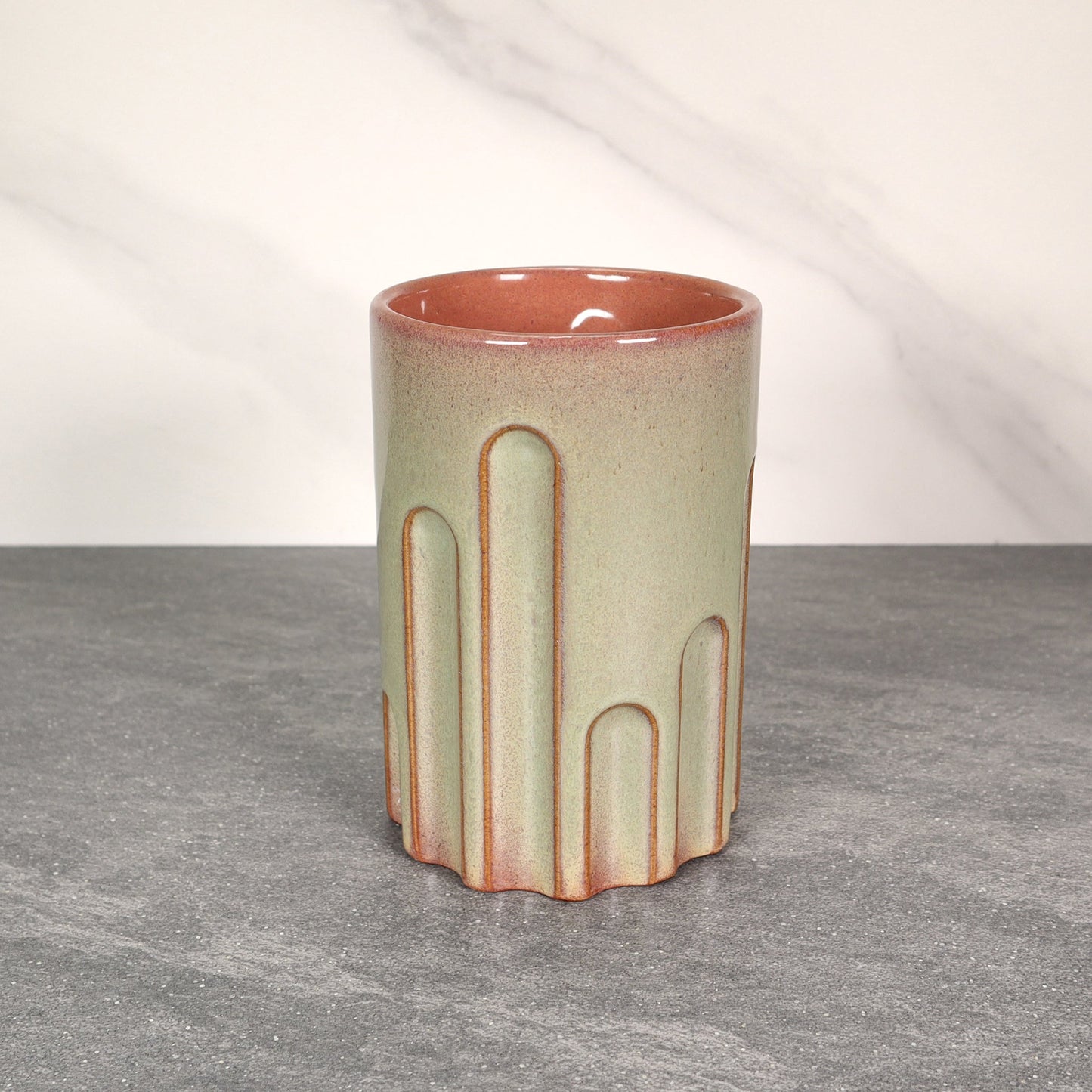 Green Exterior / Red Interior 16 oz Round Indented Stoneware Cup