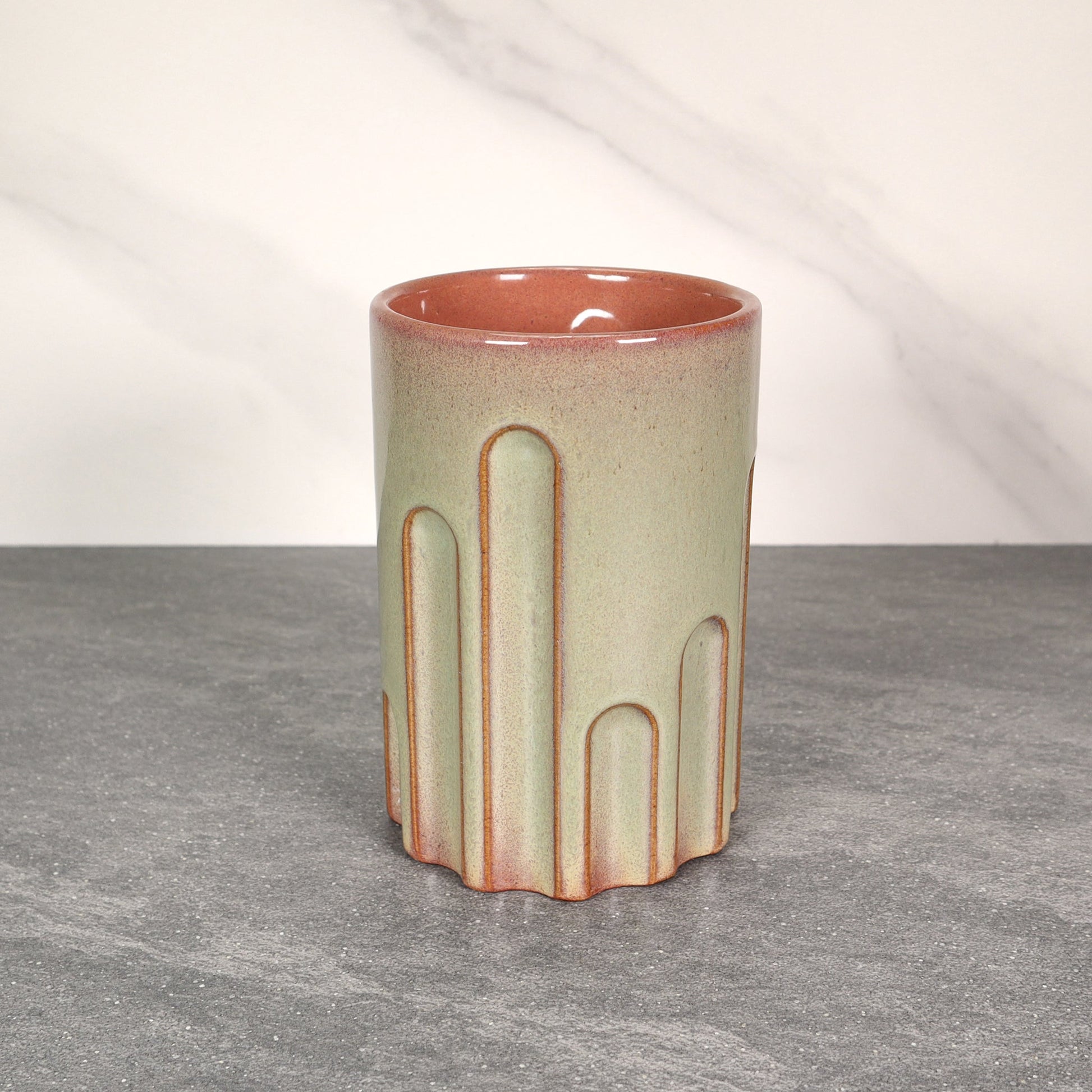 Green Exterior / Red Interior 16 oz Round Indented Stoneware Cup