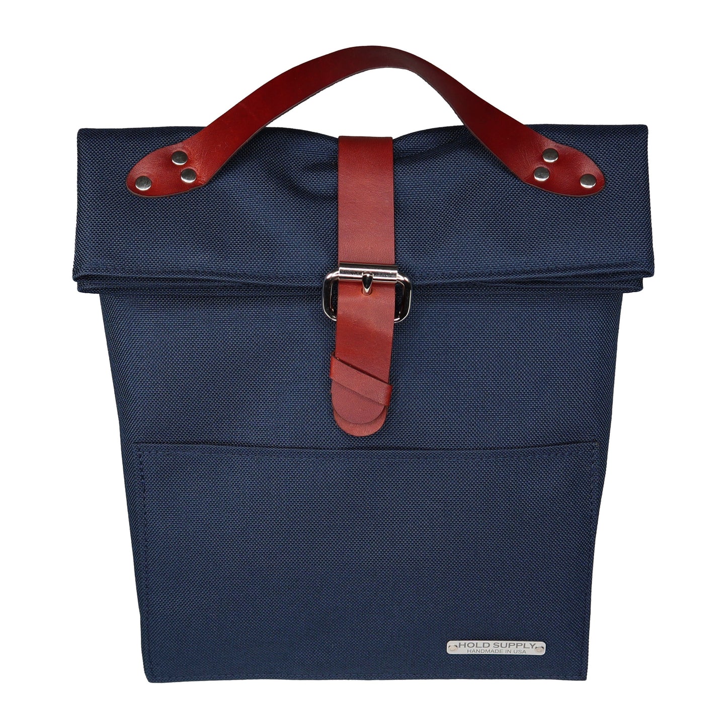 Navy Blue Canvas & Leather Fold Top Lunch Bag