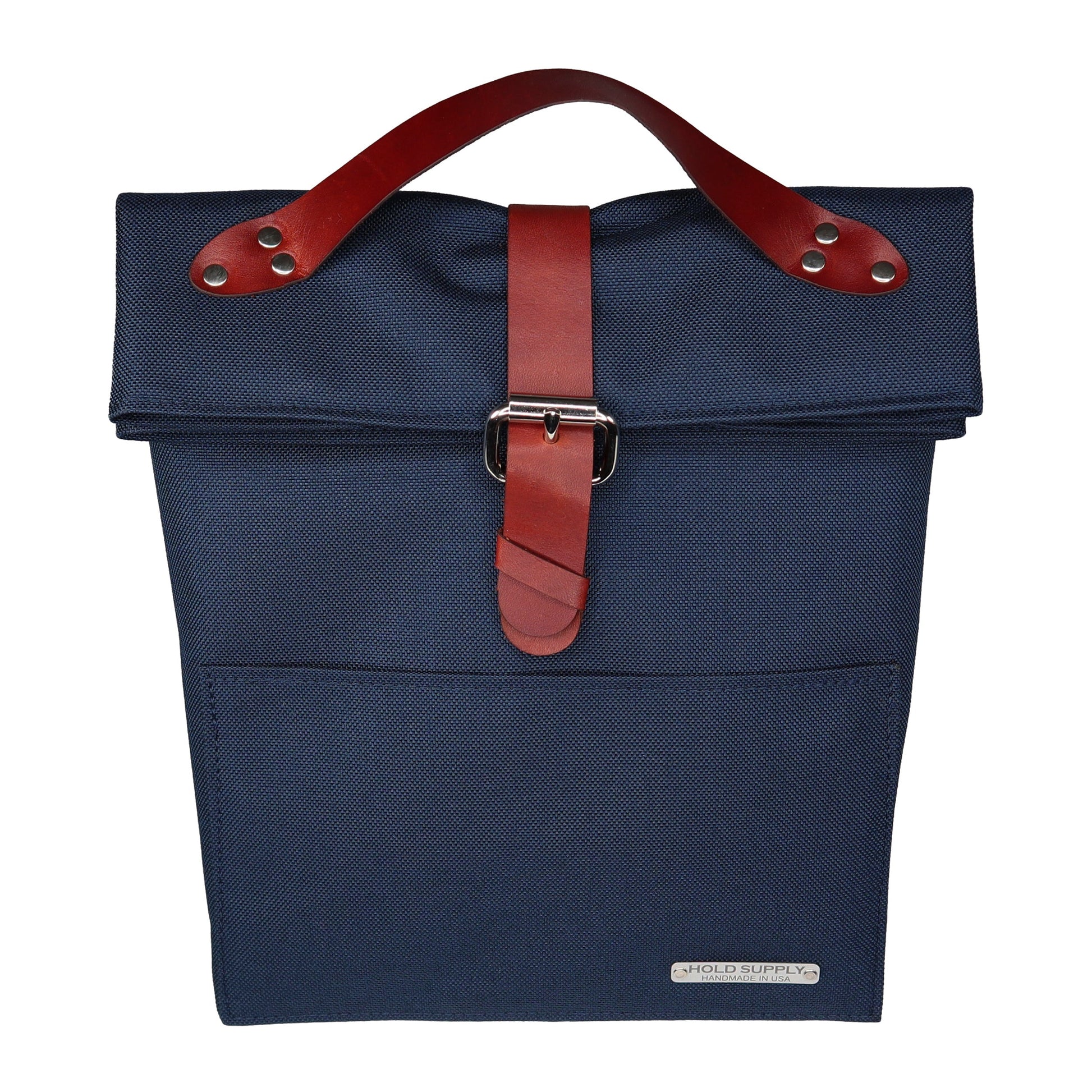 Navy Blue Canvas & Leather Fold Top Lunch Bag