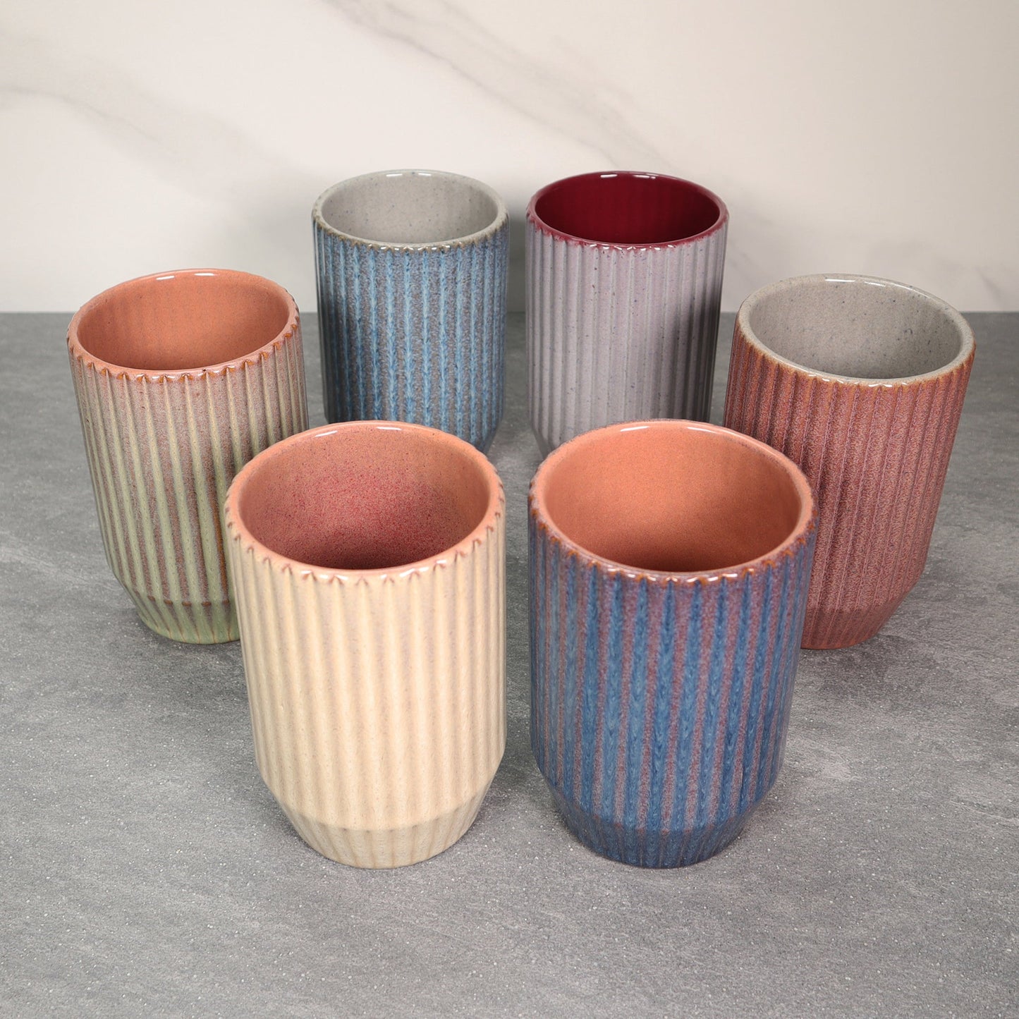 Gray and Red Round Ribbed Stoneware Ceramic Mug