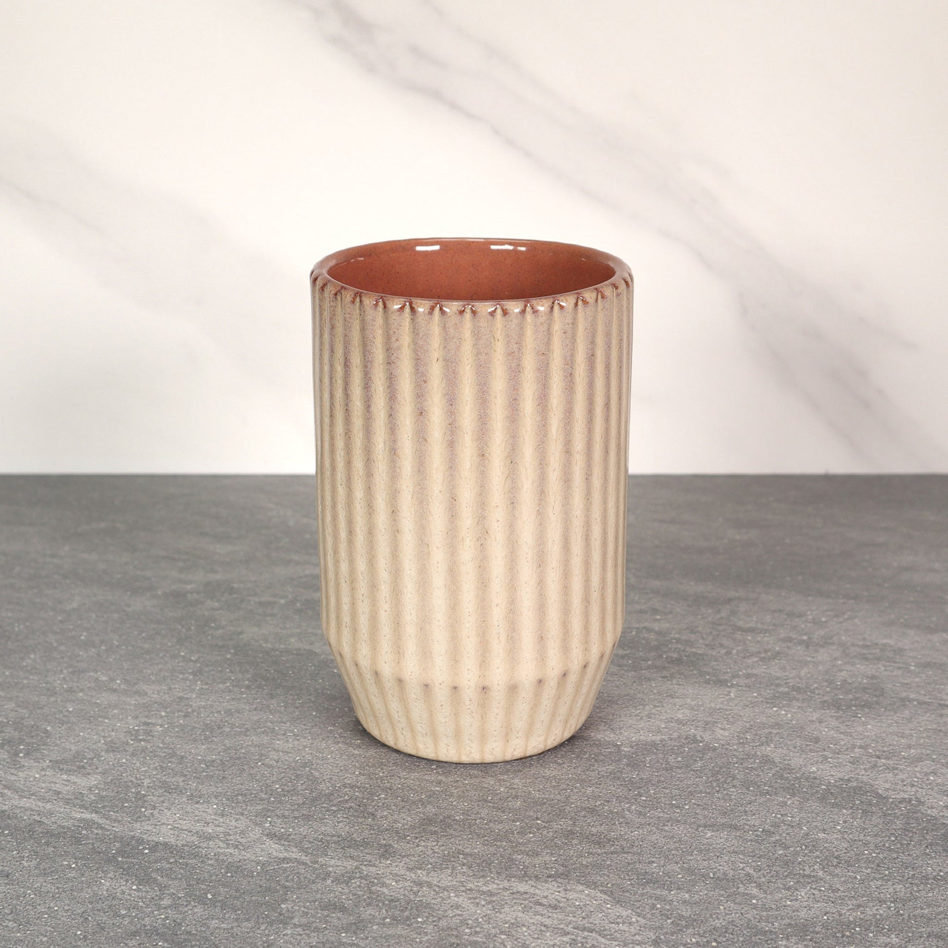 Beige and Red Round Ribbed Stoneware Ceramic Mug