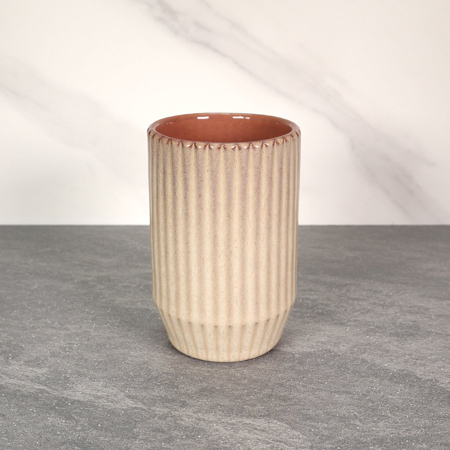 Beige and Red Round Ribbed Stoneware Ceramic Mug