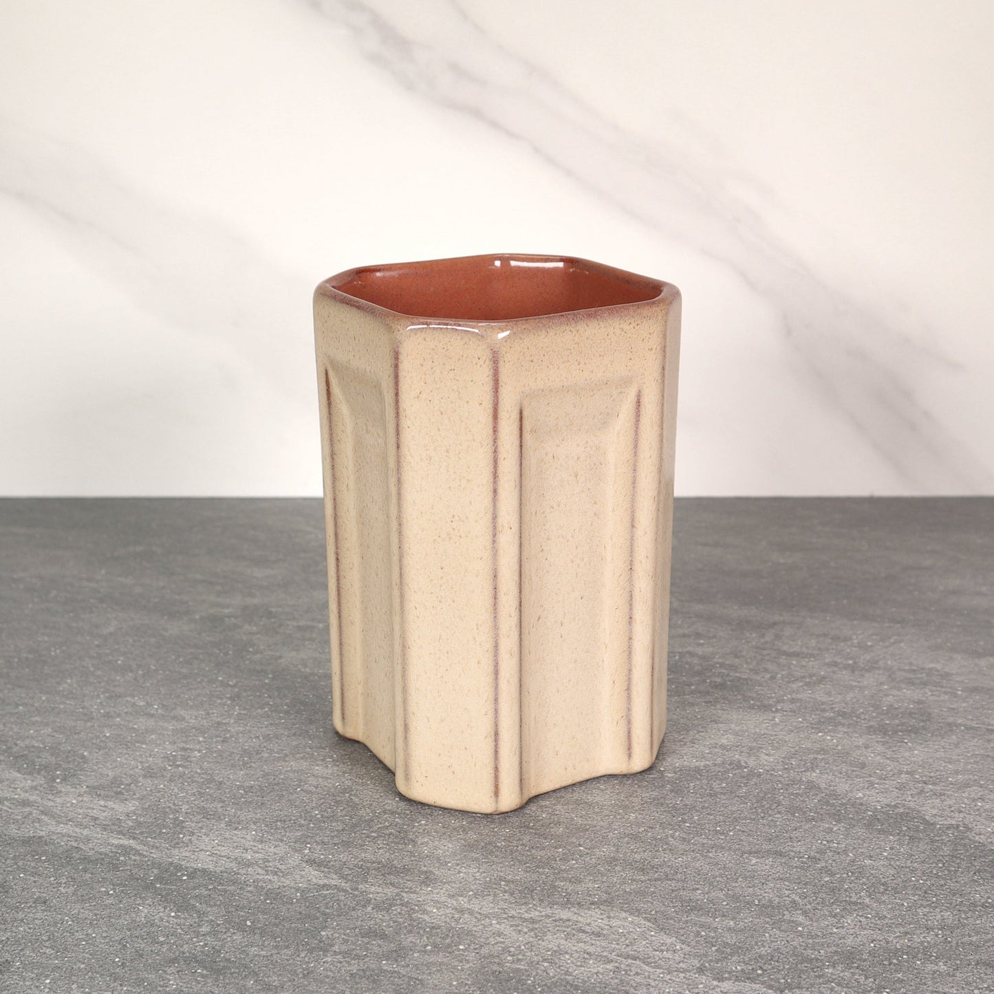 Beige and Red Square Indented 16 oz Stoneware Cup