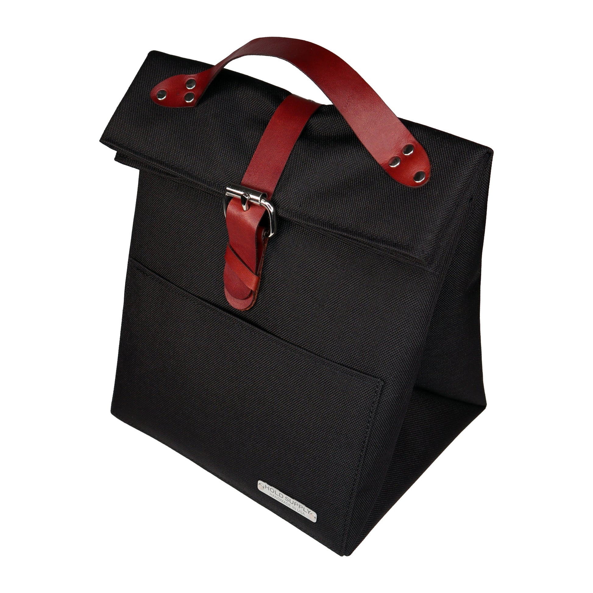 Black Canvas & Leather Fold Top Lunch Bag