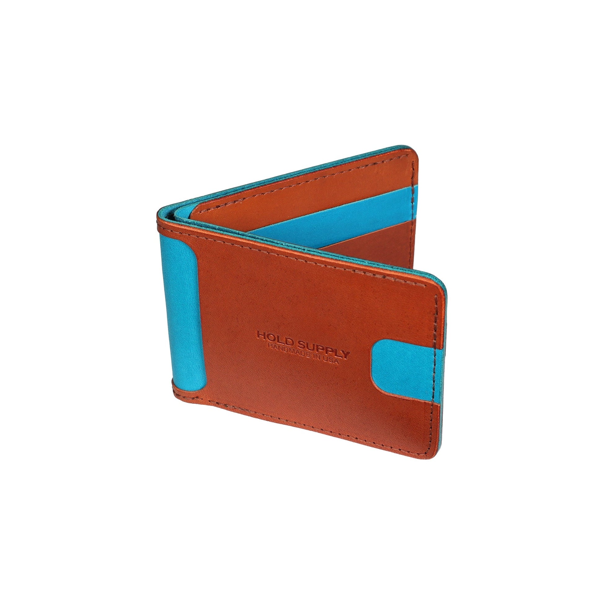 Blue and Brown Men's Leather Bifold Wallet