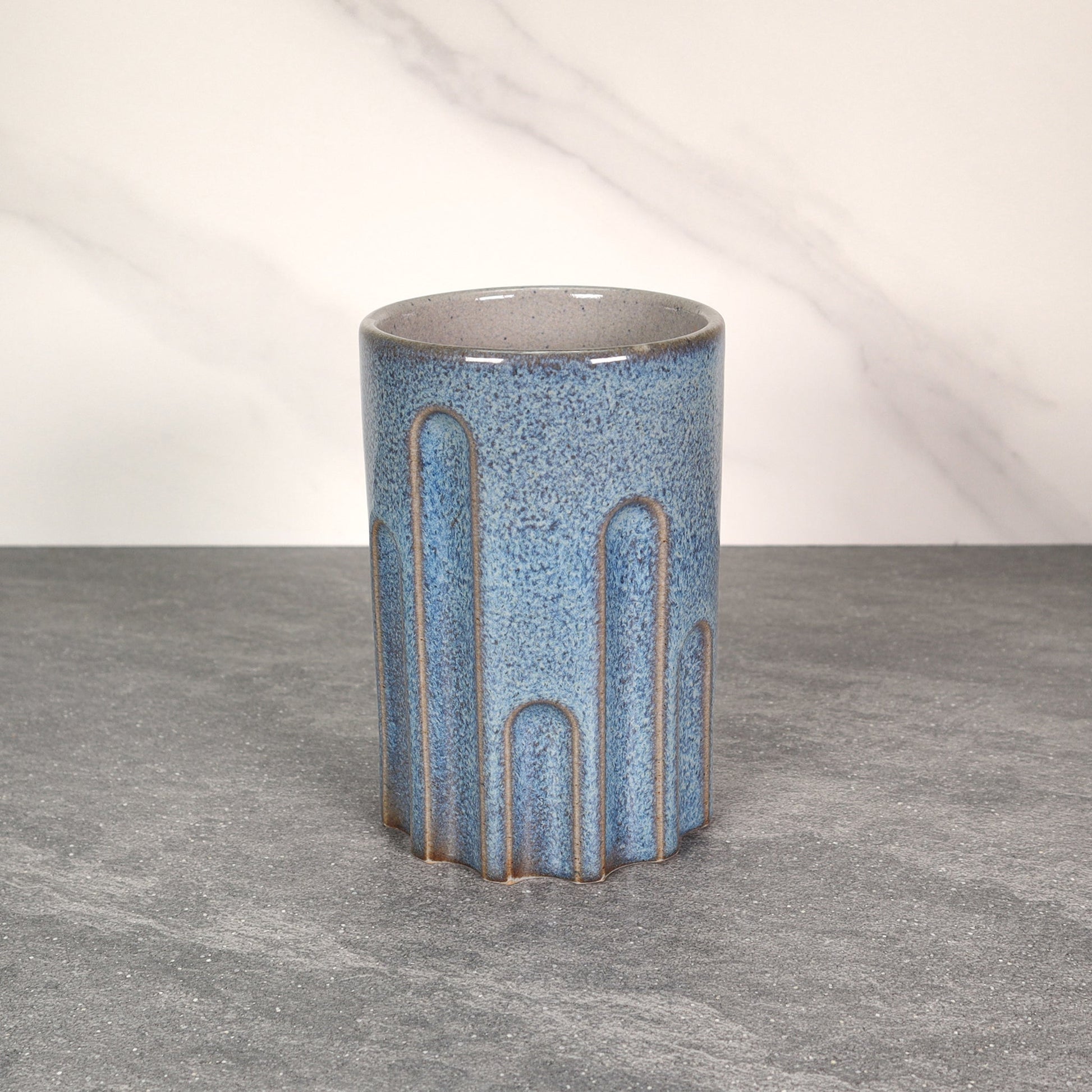 Blue Exterior / Gray Interior 16 oz Round Indented Stoneware Cup