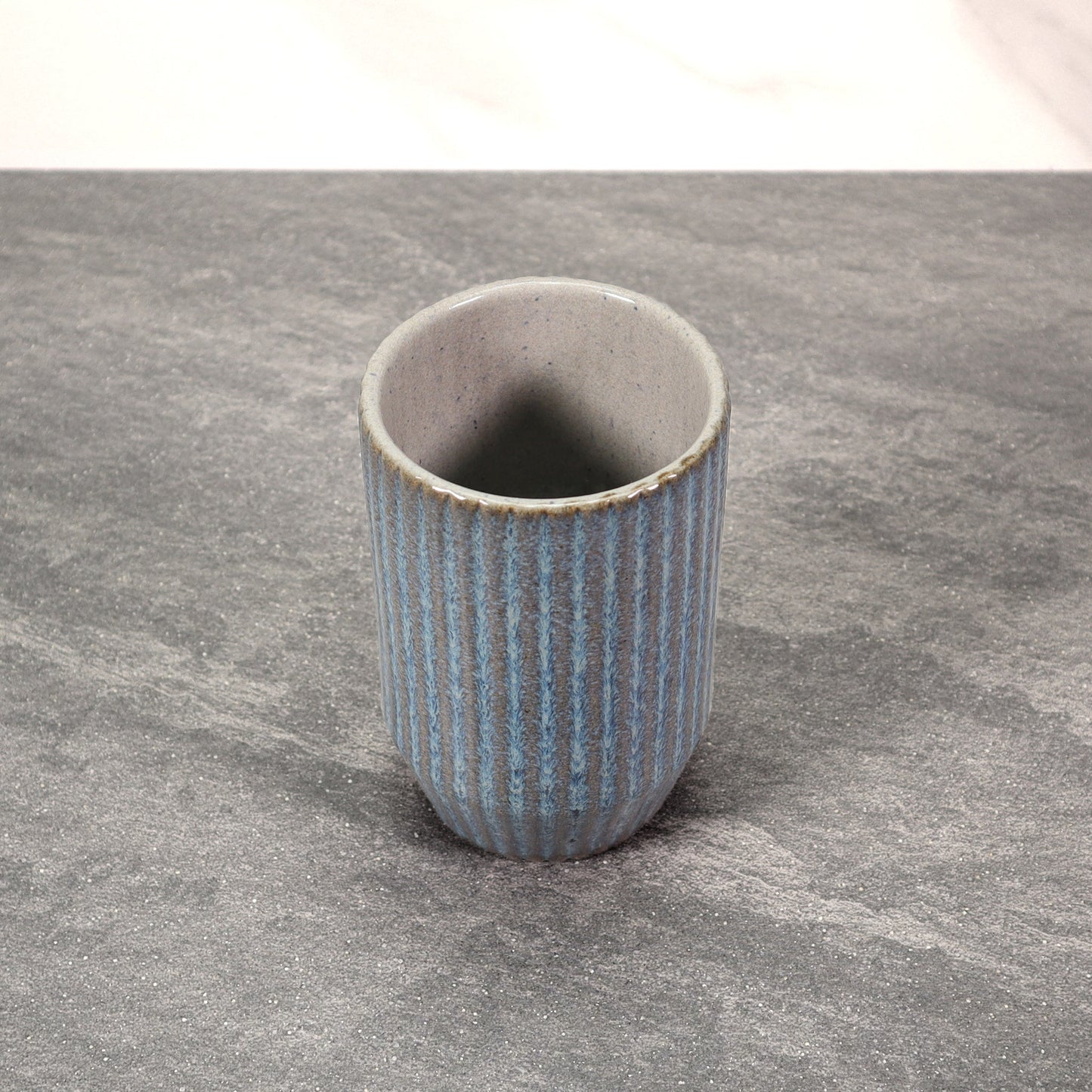Blue and Gray Round Ribbed Stoneware Ceramic Mug