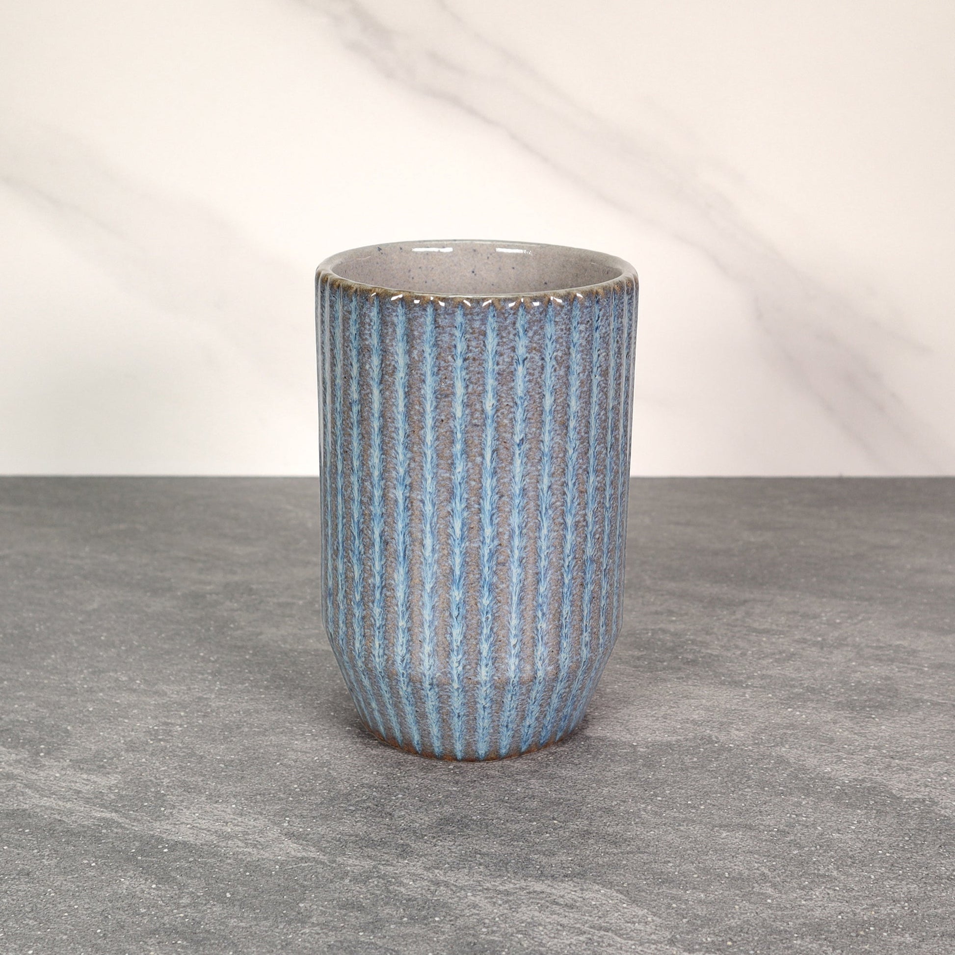 Blue and Gray Round Ribbed Stoneware Ceramic Mug