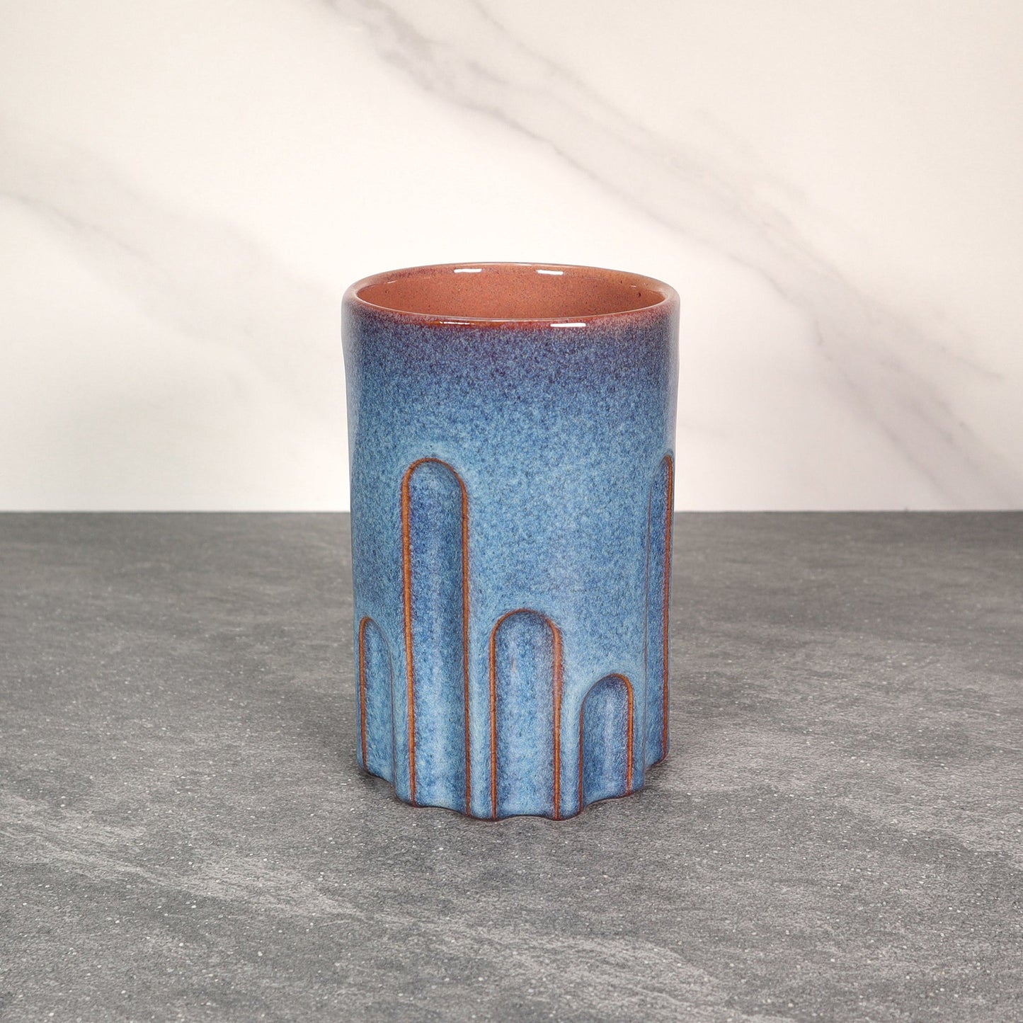 Blue Exterior / Red Interior 16 oz Round Indented Stoneware Cup