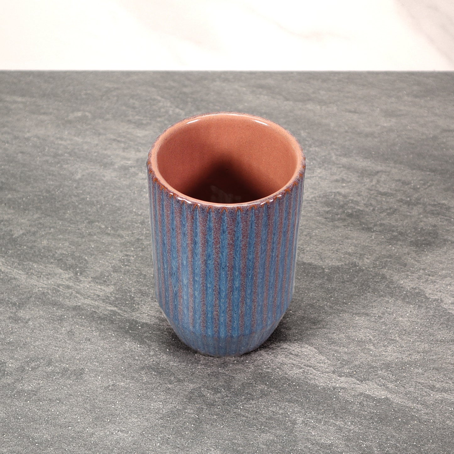 Blue and Red Round Ribbed Stoneware Ceramic Mug