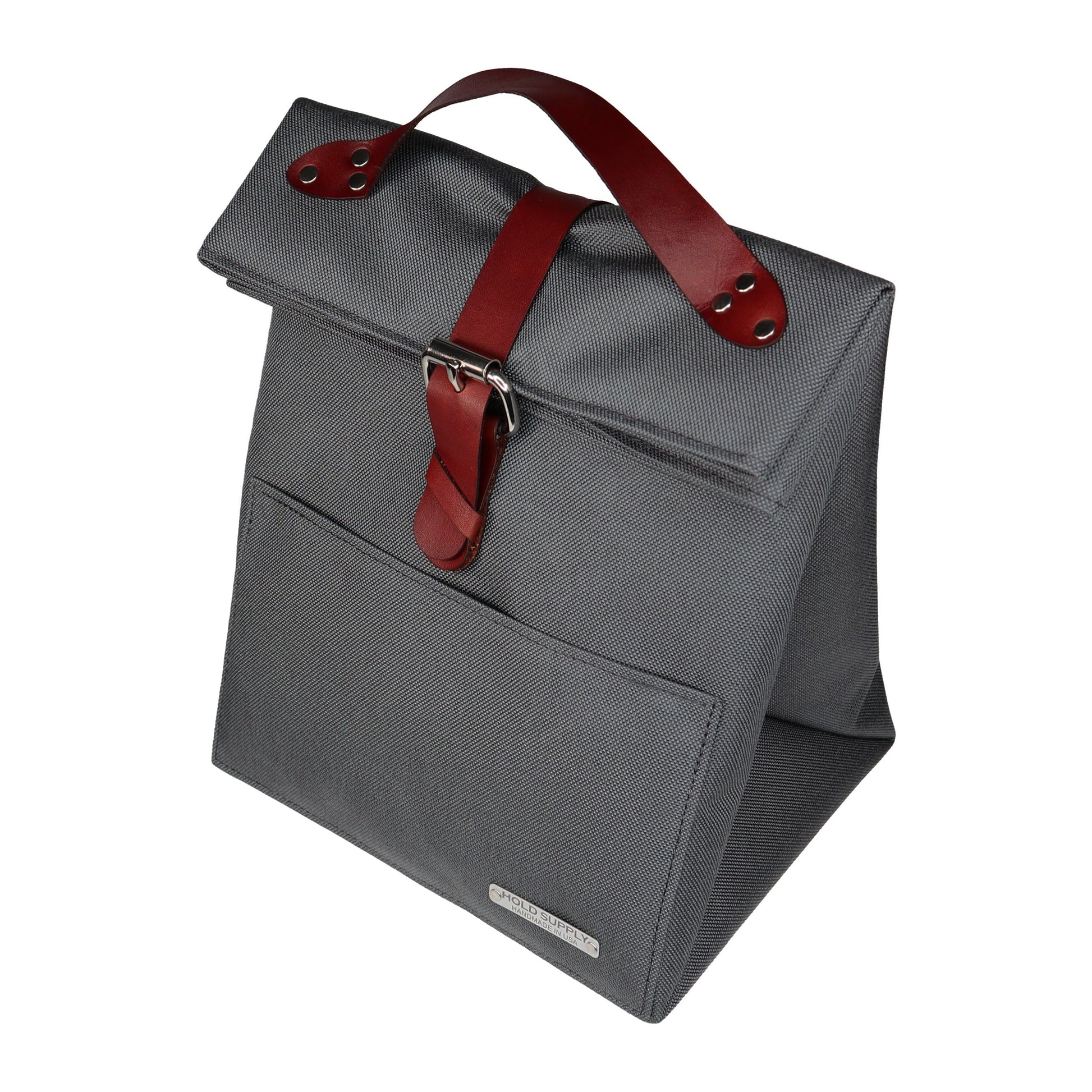 Gray Canvas & Leather Fold Top Lunch Bag