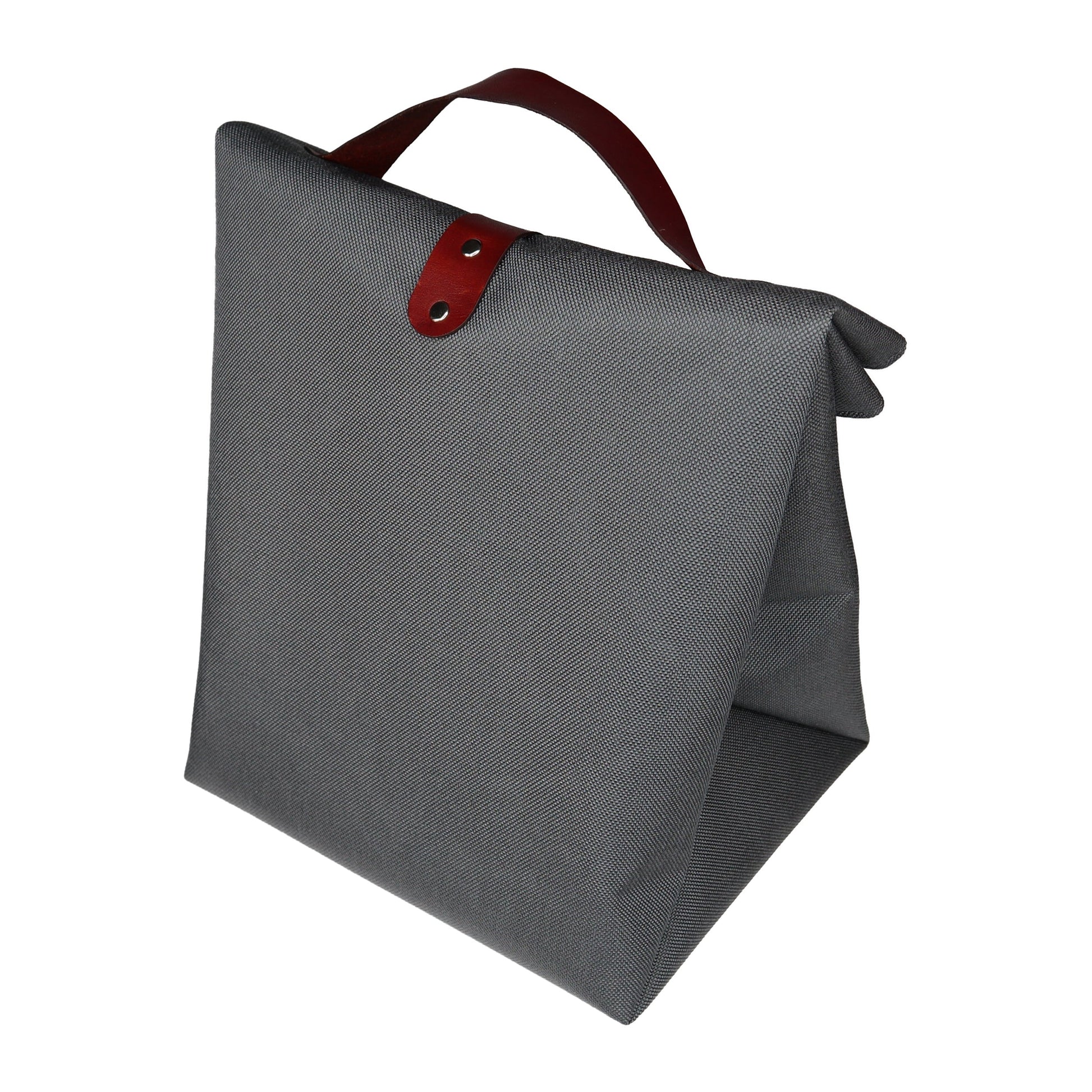 Gray Canvas & Leather Fold Top Lunch Bag