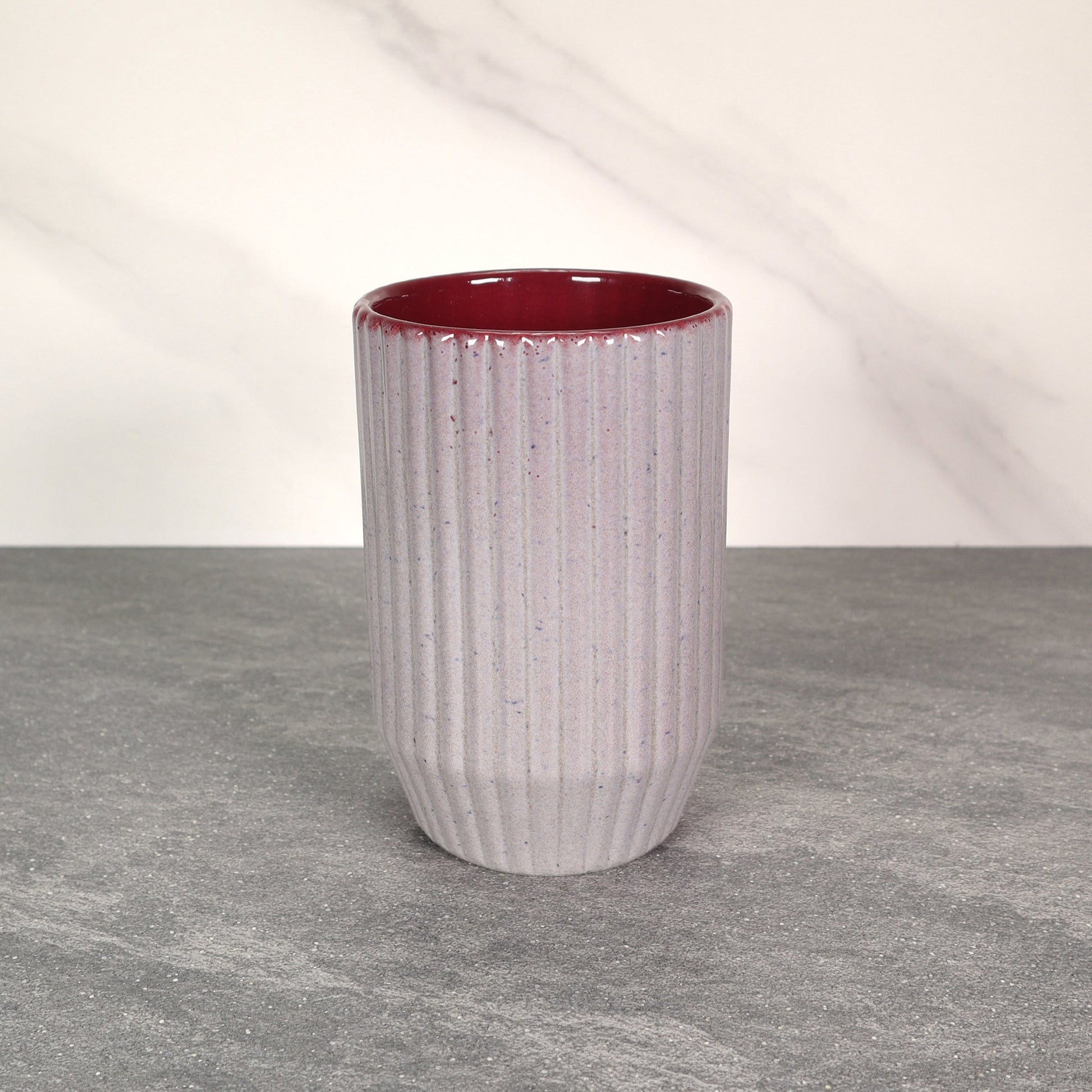 Gray and Red Round Ribbed Stoneware Ceramic Mug
