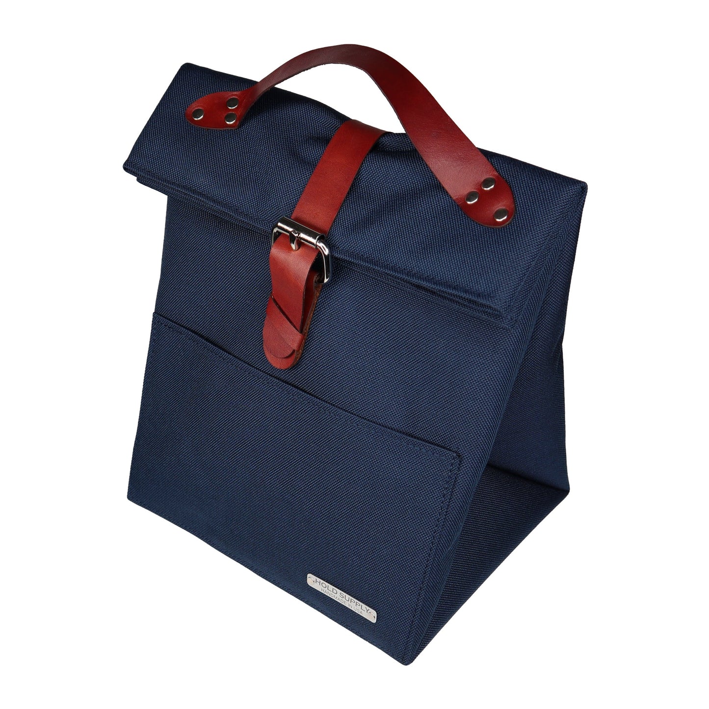 Navy Blue Canvas & Leather Fold Top Lunch Bag