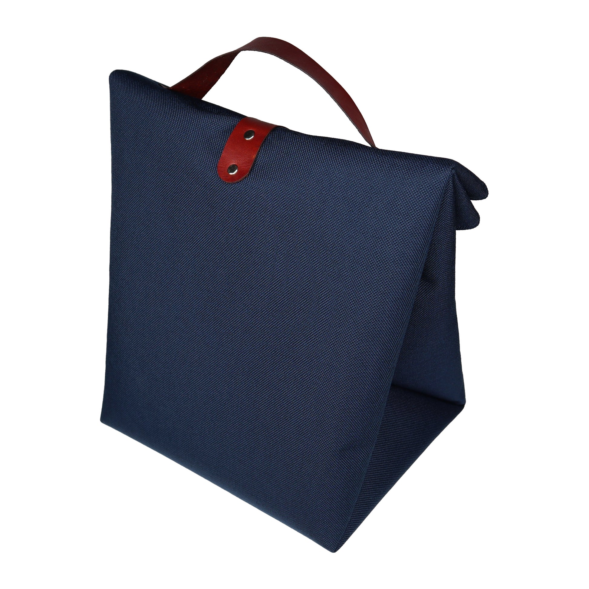 Navy Blue Canvas & Leather Fold Top Lunch Bag