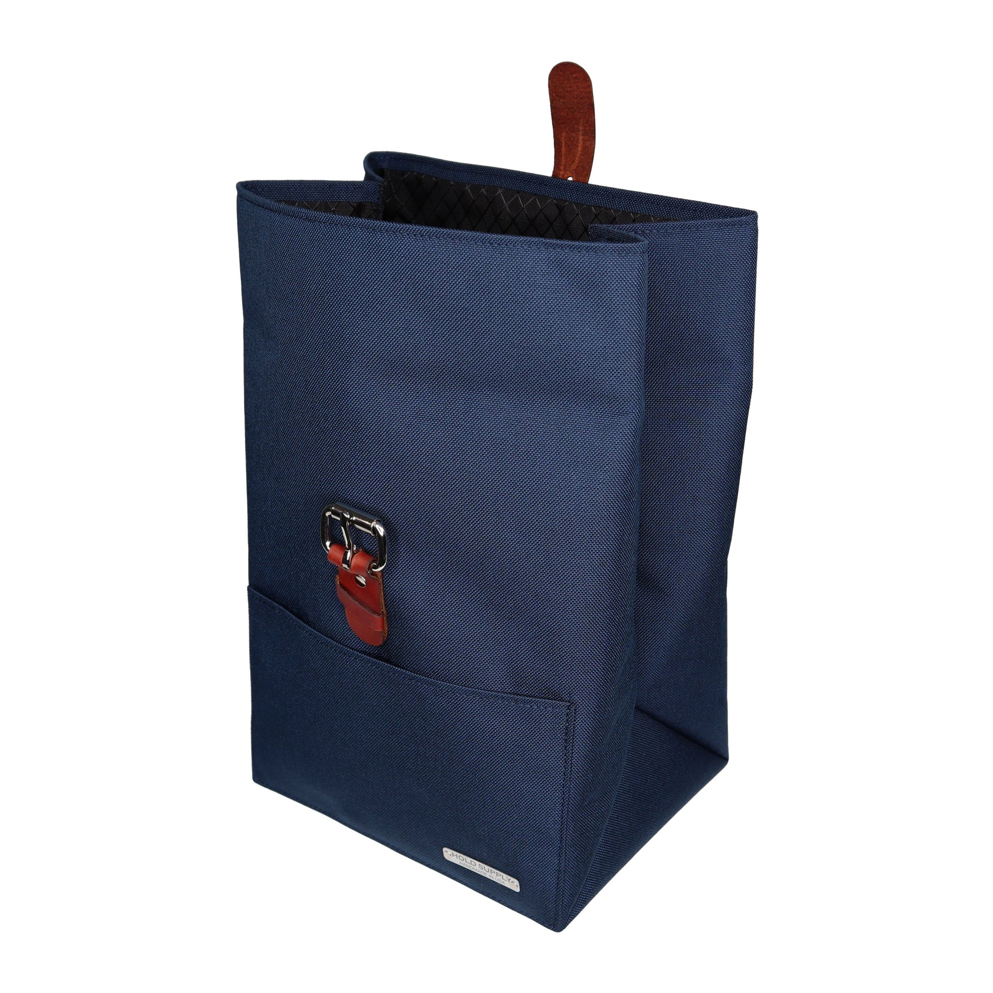 Navy Blue Canvas & Leather Fold Top Lunch Bag